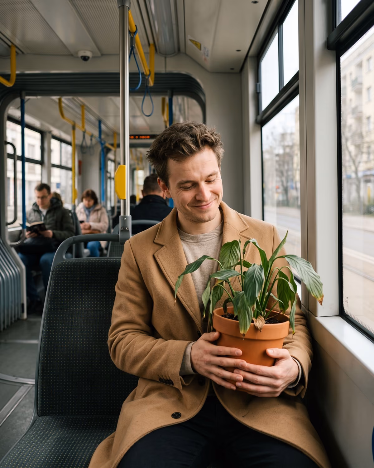Mężczyzna w tramwaju trzyma na kolanach skrzydłokwiat w doniczce.